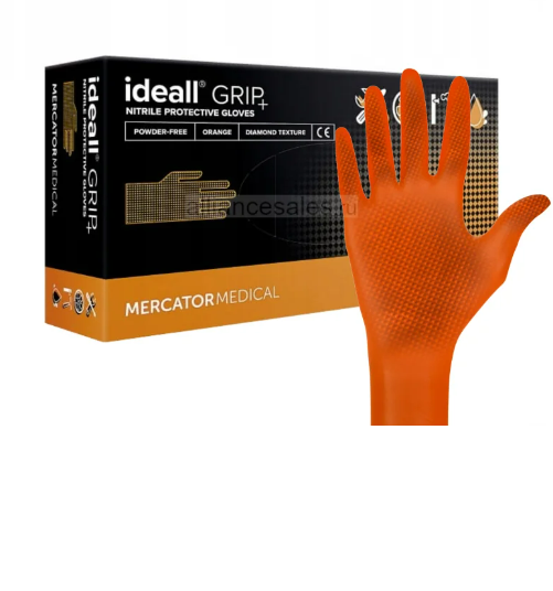 Перчатки нитрил повышенной прочности ХL 50шт/25пар Ideall Grip оранжевые 10шт/кор