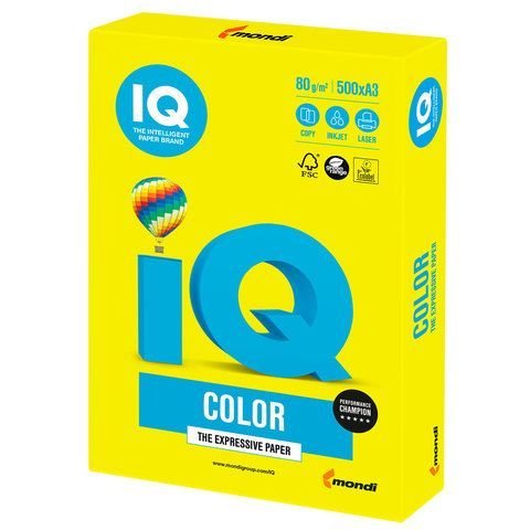 Бумага цветная IQ color БОЛЬШОЙ ФОРМАТ (297х420 мм) А3 80 г/м2 500л неон желтая NEOGB