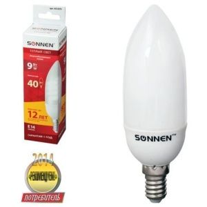 Лампа люминесцентная энергосберегающая SONNEN свеча Т2 9 (40) Вт цоколь E14
