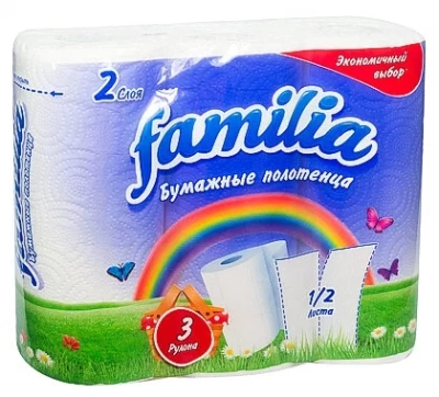 Бумажные полотенца в бытовых рулонах FAMILIA Радуга 2-слойные 10м; 3рул/уп