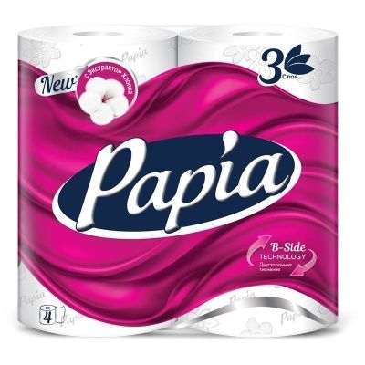 Туалетная бумага в бытовых рулонах 3-слойная 16,8м PAPIA белый 4рул/уп