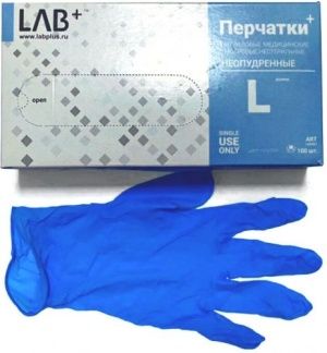 Перчатки LAB+ голубой нитрил неопудр текстур L 100шт/50пар 10шт/кор