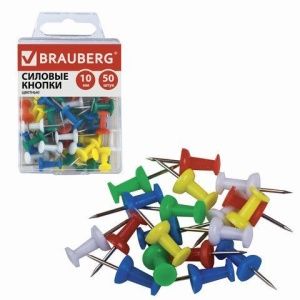 Силовые кнопки-гвоздики BRAUBERG цветные 50шт в коробке