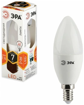 Лампа светодиодная ЭРА 7 (60) Вт цоколь E14, "свеча", теплый белый свет, 30000 ч., LED smdB35-7w-827