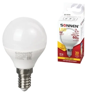 Лампа светодиодная SONNEN 7 (60)Вт цоколь Е14 шар теплый белый свет LED G45-7W-2700-E14 45370