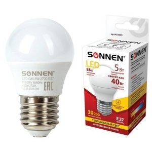 Лампа светодиодная SONNEN, 5 (40) Вт, цоколь E27, шар, теплый белый свет, 30000 ч, LED G45-5W-2700-E