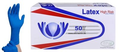 Перчатки латексные синий XL SFM Latex High Risk 35г(29см) повышенной прочности 50шт/25пар/пач 10пач/кор