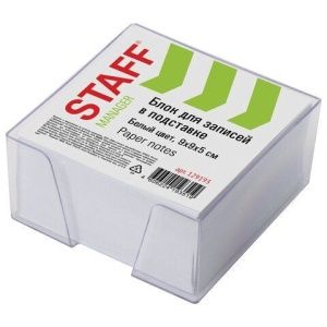 Блок для записей STAFF в подставке прозрачной, куб 9х9х5 см, белый, белизна 90-92%