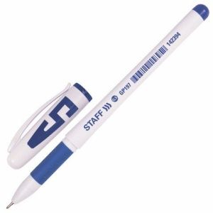 Ручка гелевая офисн STAFF синяя линия 0,35мм корпус белый резинов упор