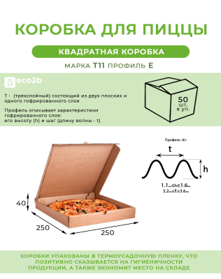 Коробка для пиццы картон 250х250х40мм бурая 