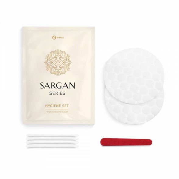 Косметический набор SARGAN картонная коробка (ватные палочки, ватные диски, пилочка для ногтей) 200шт/кор