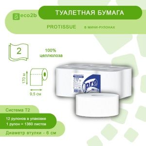 Туалетная бумага 2-слойная 170м Protissue Т2 в мини-рулонах белая