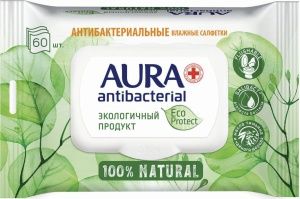 Салфетки влажные антибактериальные 60шт AURA Antibacterial "ECO Protect" клапан крышка