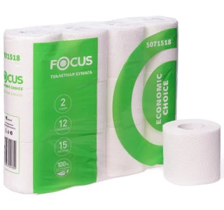 Туалетная бумага в бытовых рулонах 15м 2-слойная FOCUS ECONOMIC 12рул/уп