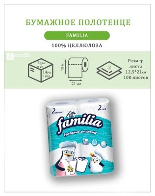 Бумажные полотенца в бытовых рулонах FAMILIA 2-слойные 12,5м; 2рул/уп