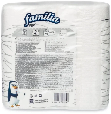 Туалетная бумага в бытовых рулонах 20,4м 2-слойная FAMILIA PLUS 4рул/уп